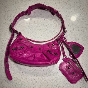 Balenciaga XS Cagole Croc-Embossed Zip Shoulder Bag (Lipstick Pink)